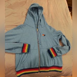 Aviator Nation Women's Rainbow Rib zip hoodie with rainbow cuffs